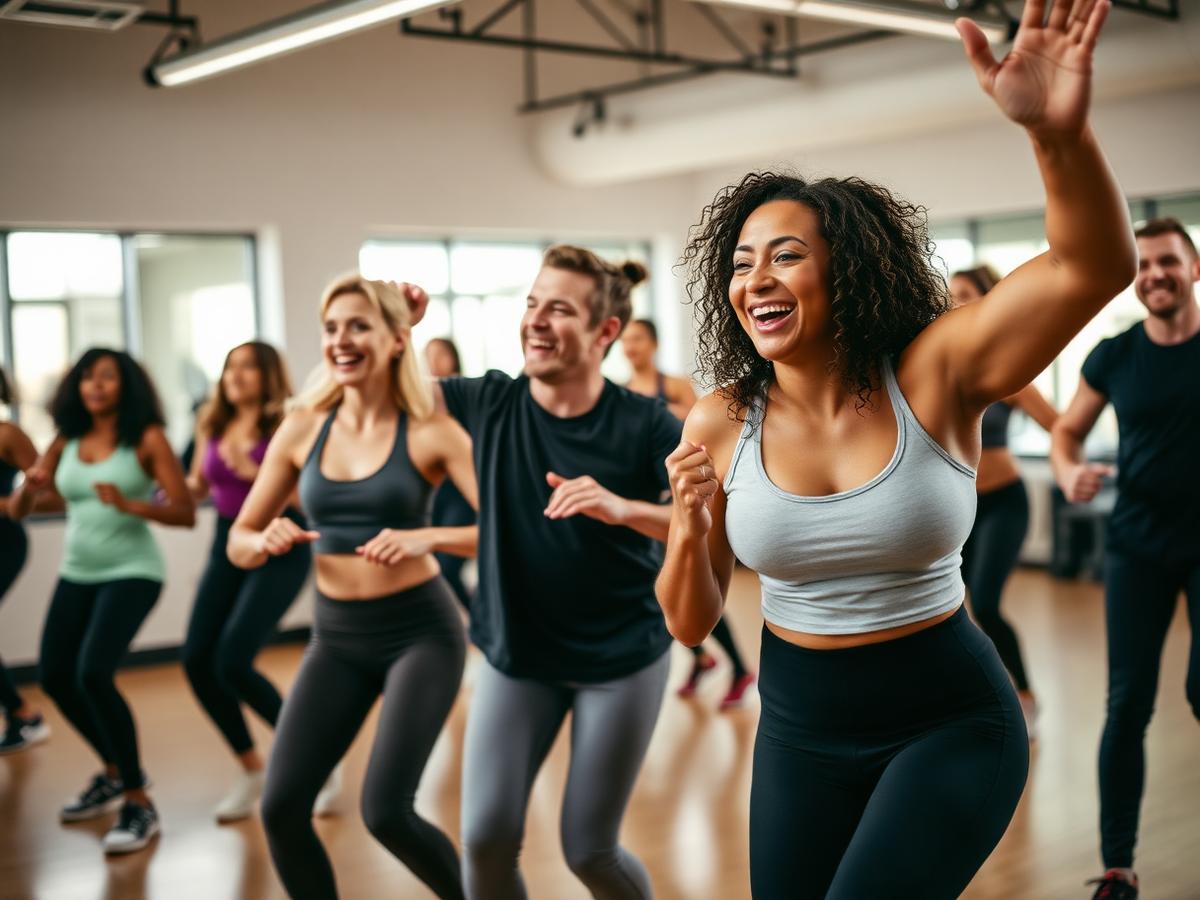 Aula coletiva com alunos e professora na SkyFit Egas