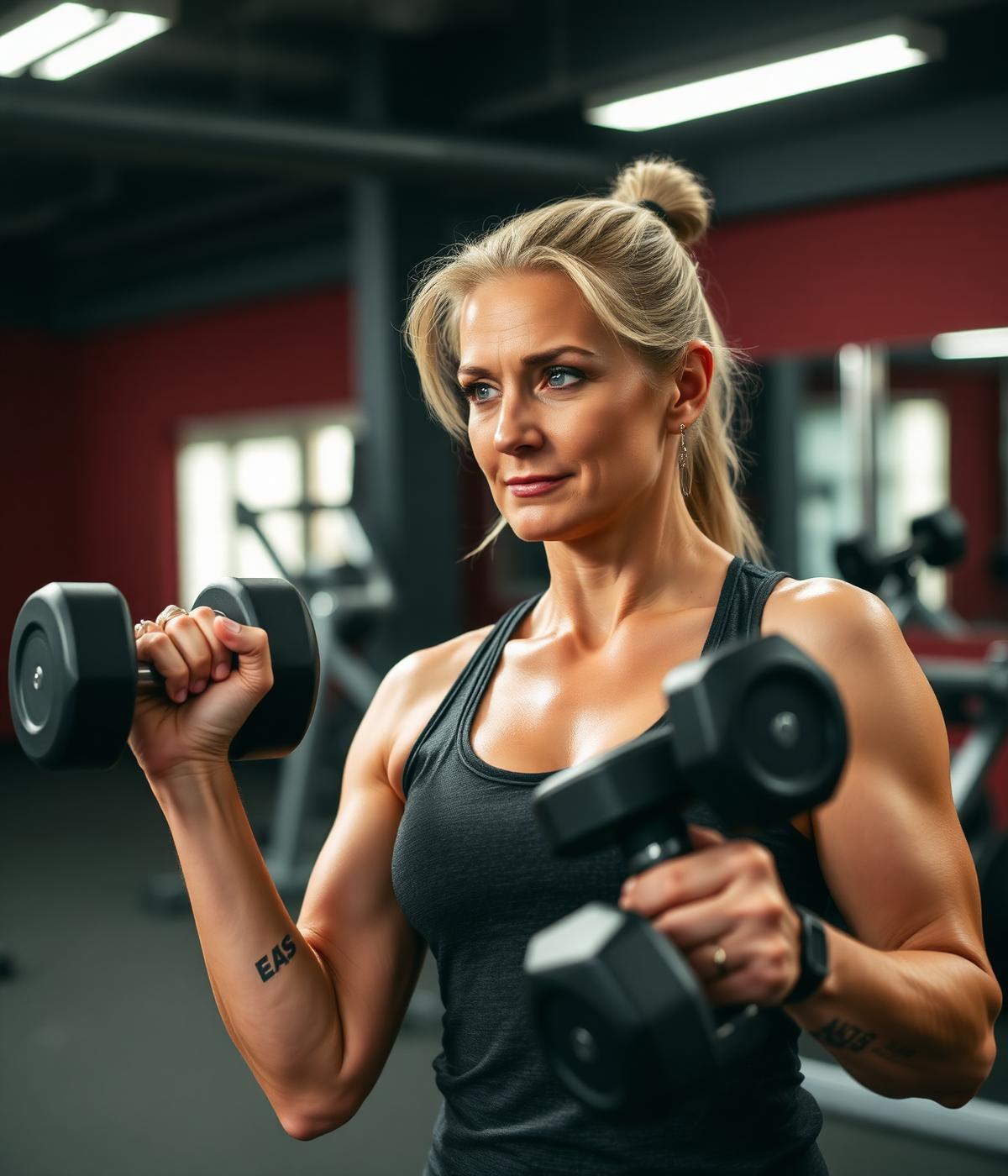 Aluna treinando com halteres na SkyFit Egas